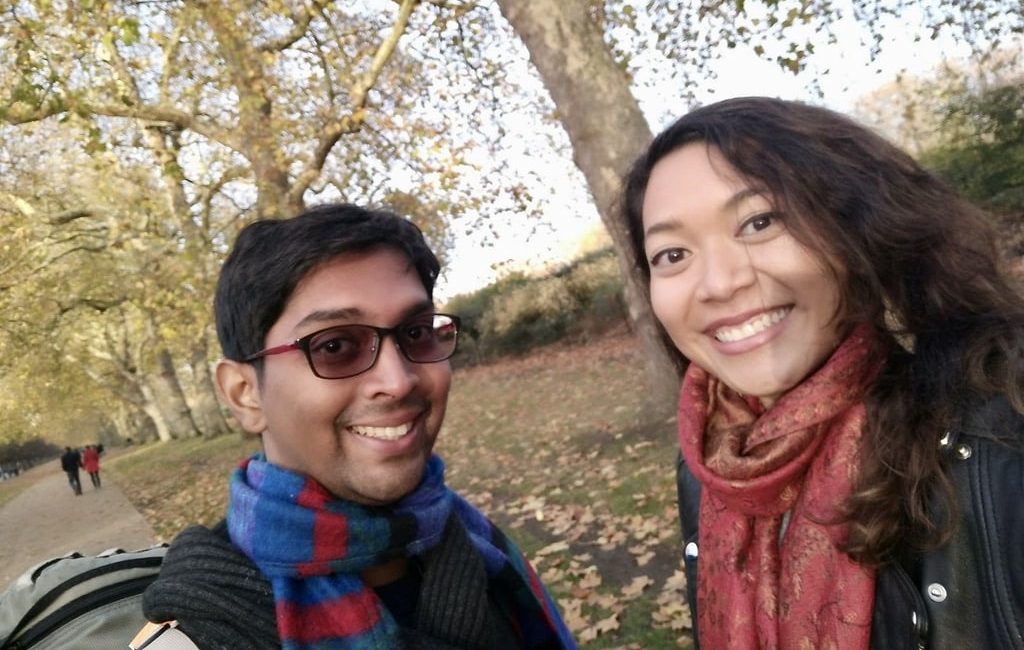 Exactly nine years after he first proposed, Tim Weerasekera gave the engagement ring back to Nuraini Malik. They are pictured on the day they ran into each other halfway across the world. Photos courtesy of Tim and Nuraini.